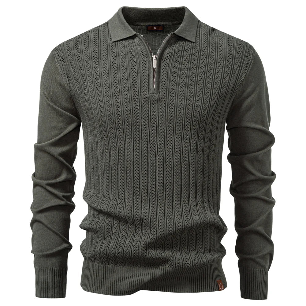 Zip Placket Polo Shirt Men Premium Solid Color Slim Fit Long Sleeve Textured Fabric Business Casual Autumn Winter