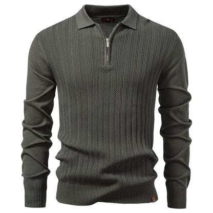 Zip Placket Polo Shirt Men Premium Solid Color Slim Fit Long Sleeve Textured Fabric Business Casual Autumn Winter