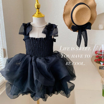 Vestido de tule de festa de princesa de verão com alça de laço, roupa de malha para bebês, vestido de aniversário infantil de manga curta, vestido de tule para meninas de 1 a 6 anos