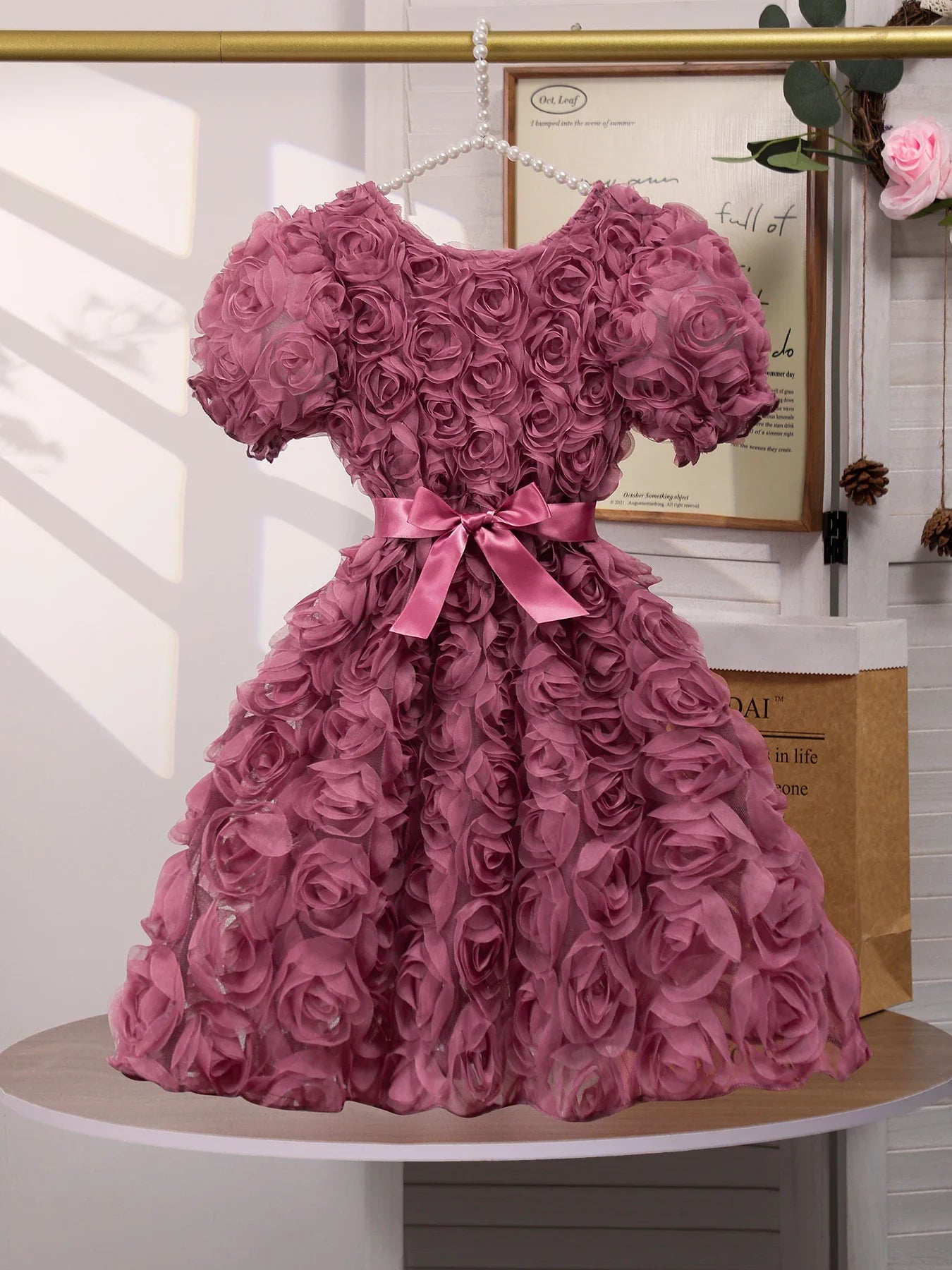 Girl's three-dimensional rose bubble sleeve mesh dress, children's birthday party princess dress, stylish dress