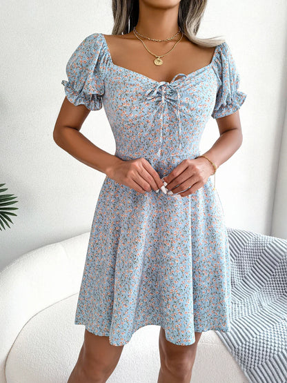 Women Casual Square Neck Flare Short Sleeve Floral Dress Elegant A Line Dress for Spring Summer 2026 Fashion Woman Clothing
