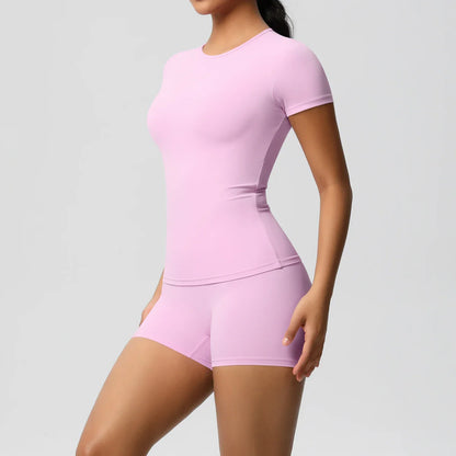 2PC Quick-Drying Gym Leggings Set Summer Short Sleeve Breathable Stretchy GYM Yoga Slim Fitness Active Top Women's cycling short