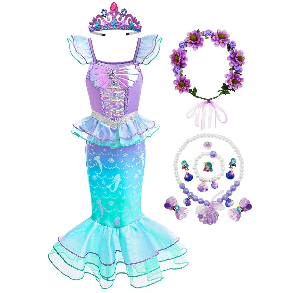Ariel Cosplay Princess Costume Kids Cartoon Printed Dress Girls Halloween Children Carnival Birthday Party Clothes