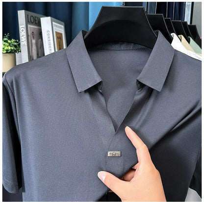 High quality ice silk short sleeve T-shirt men's lapel top trendy brand design cool silky breathable summer casual polo shirt