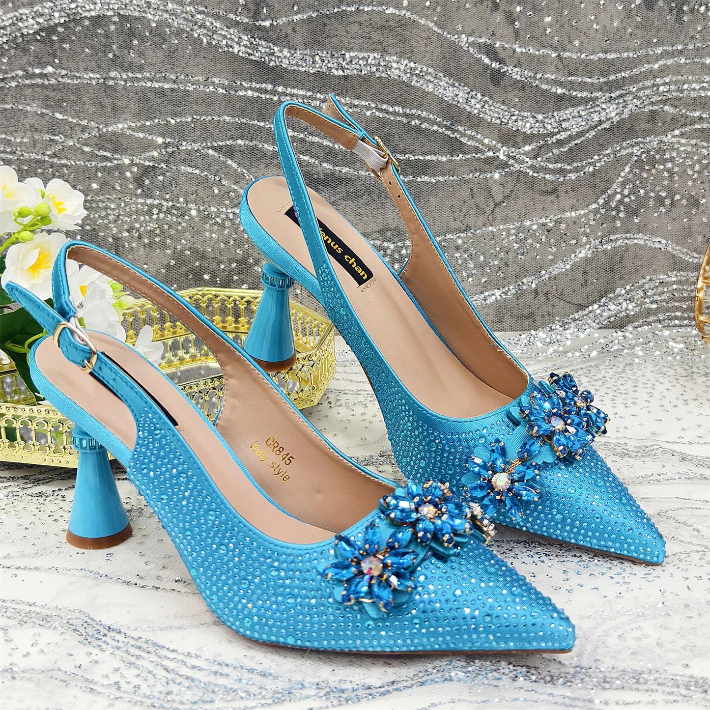 Pointed Toe High Heels Shoes and Bags Set With Rhinestone for Women Wedding Party Elegant Luxury Fashion in Sky Blue
