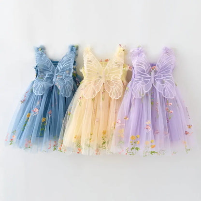 Girls Princess Dress with 3D Wings - Sparkle Tulle Sleeveless Gown, Fairy Puffy Party Dress for Birthday & Holiday