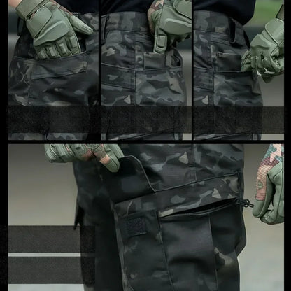 Autumn Tactical Sets Men Outdoor Breathable Short Sleeve Tshirt+Waterproof Straight Pant 2 Pcs Suits Camo Multi-pocket Cargo Set