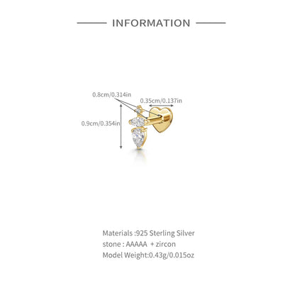 1PC 925 Sterling Silver Crown Horse Eye Zircon Heart Flat Head Cartilage Piercing Stud Earring For Women Claasic Earring