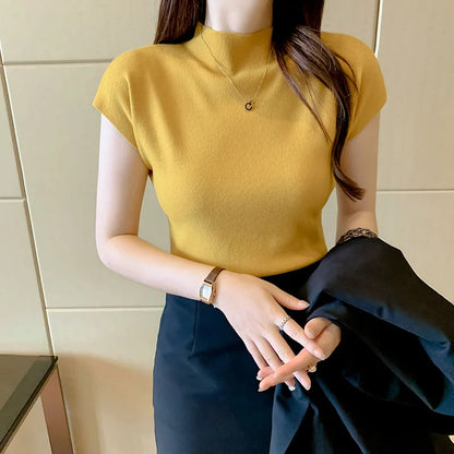 New Women Summer Knitted Turtleneck Sleeveless T-Shirts Tops Solid Slim Fit Pullovers Causal Tees Female Streetwear Basics Tees