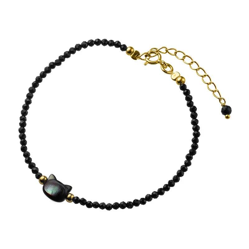 925 Sterling Silver Vintage Black Round Crystal Bracelet Cute Cat Link Chain Bracelet For Women Party Jewelry Gifts