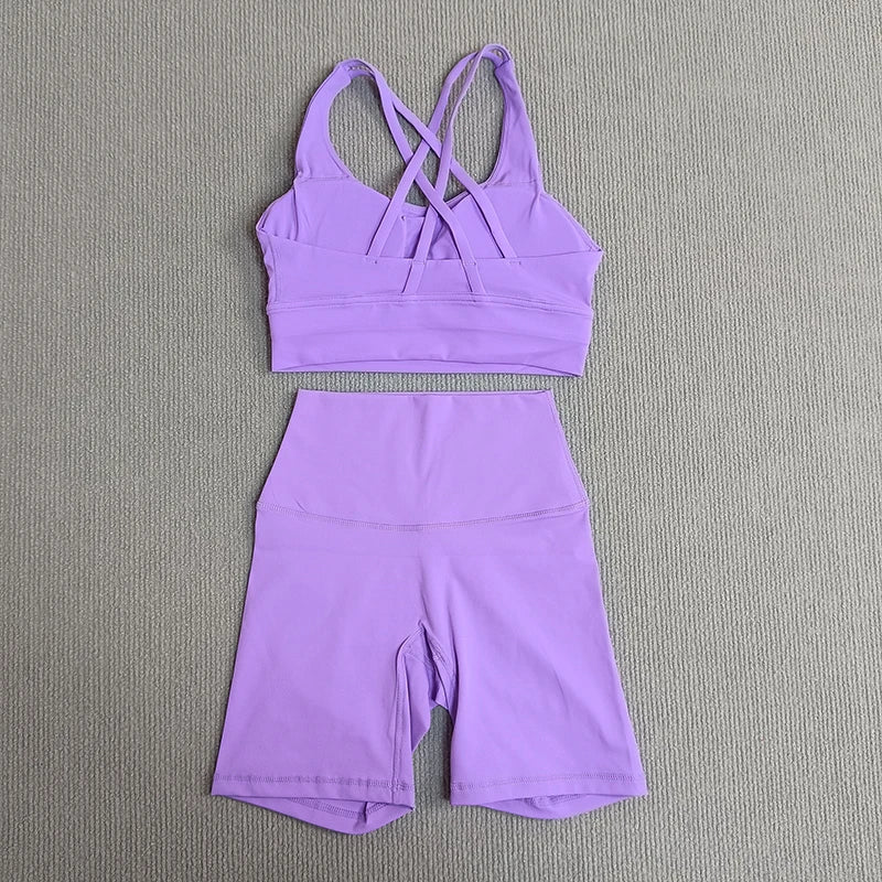 Women's 2-Piece Yoga Set Tights Shorts For Woman Cross Back Bra Top + High Waist Shorts Fitness Running Workout Tracksuit