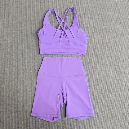 Women's 2-Piece Yoga Set Tights Shorts For Woman Cross Back Bra Top + High Waist Shorts Fitness Running Workout Tracksuit