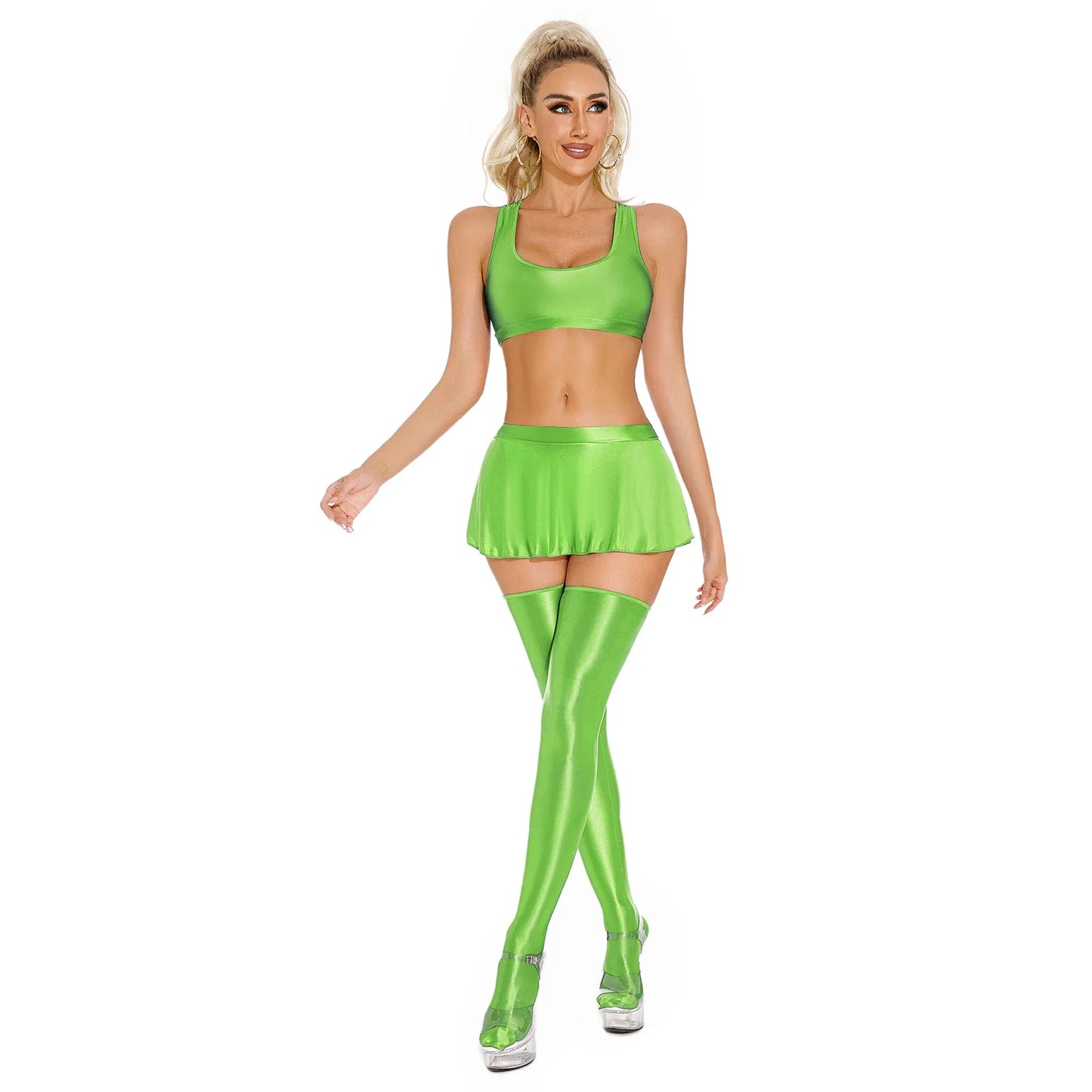 Womens Glossy Lingerie Sleeveless Crop Tank Tops Low Rise Miniskirt with Thigh High Stockings Pool Party Pole Dance Clubwear