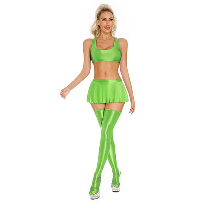 Womens Glossy Lingerie Sleeveless Crop Tank Tops Low Rise Miniskirt with Thigh High Stockings Pool Party Pole Dance Clubwear