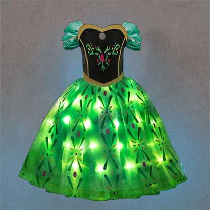 Snow Queen Illuminating  Anna Princess Ball Gown Fancy Green Floral Dress Halloween Glowing Anna Costume Birthday Elsa Party