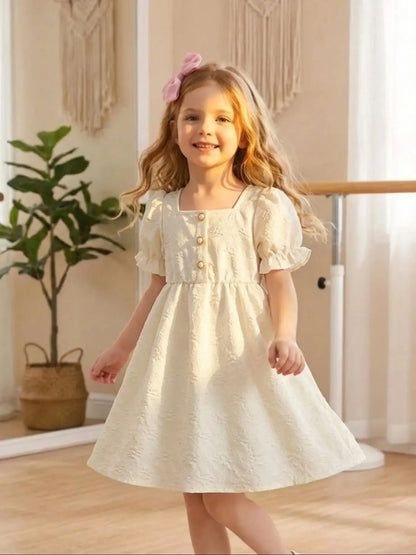 Girls' summer jacquard square neck dress with bubble sleeves, fashionable and sweet pearl buttons, half open collar