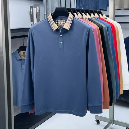 Men's Plaid Long Sleeve Polo Shirt Autumn Winter Casual Office Outdoor Fashion Top Commercial Collar Trendy Men's Clothing