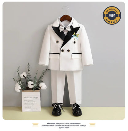 Children White Wedding Suit Boys Girls1 Year Birthday Dress Costume Kids Jacket Pants Bowtie Photograph Suit Flower Tuxedo Dress