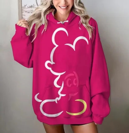 Mickey Mouse Red Hoodie Women 2025 Autumn Oversized Printed Pullover Casual Streetwear Disney Y2K Aesthetic Fashion Comfortable