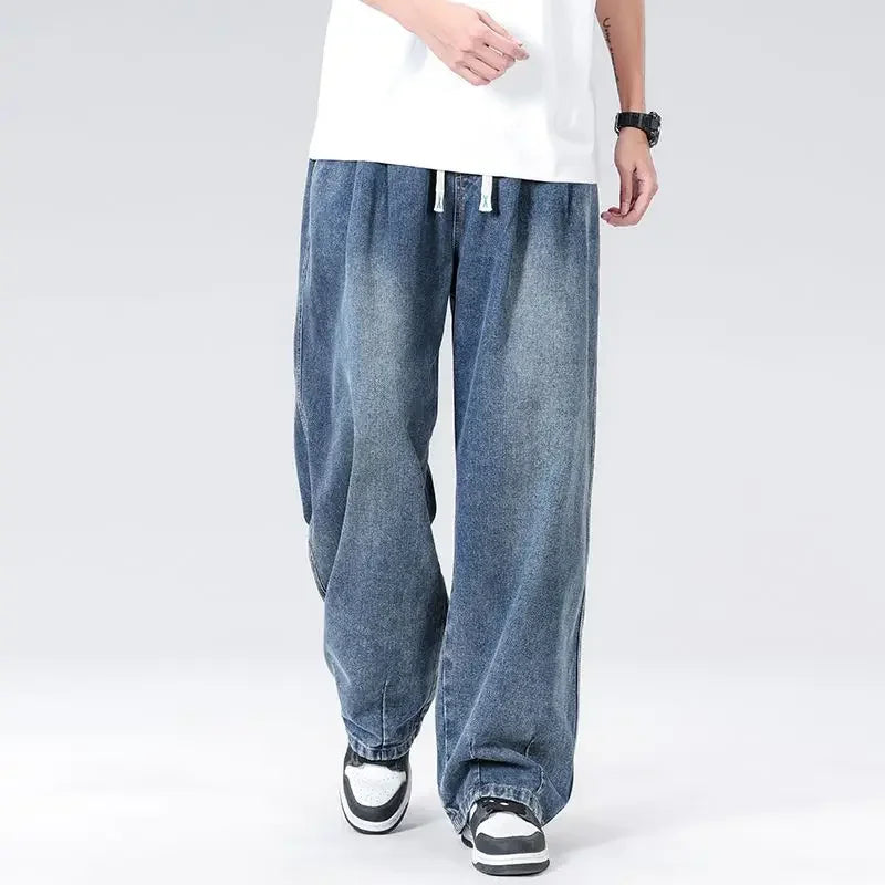 New Men's Elastic Waist Jeans Loose Wide Leg Casual Straight Long Trousers Comfortable Stretch Denim Pants Trendy Brand