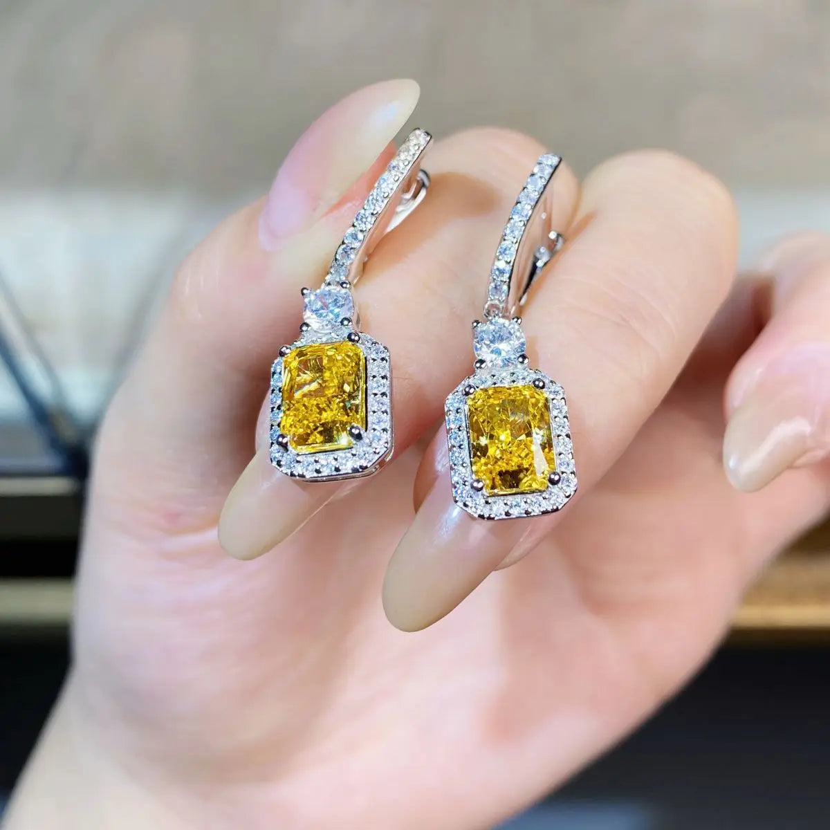 Luxury white gold solid platinum PT950 Women's Yellow Diamond Earrings Luxury Full Diamond 2 karat Ice Flower Cut Earrings