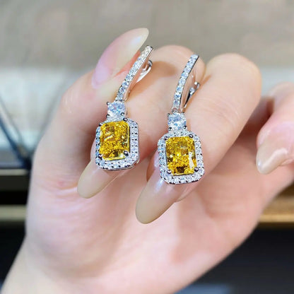 Luxury white gold solid platinum PT950 Women's Yellow Diamond Earrings Luxury Full Diamond 2 karat Ice Flower Cut Earrings