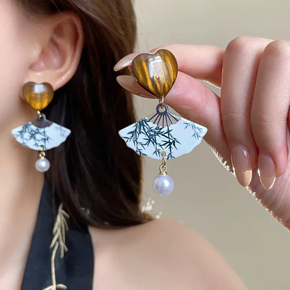 chinese Style Bamboo Joint Flower Earrings Imitation Pearl Fringe Earring New National Tide Personality  Earrings for Women