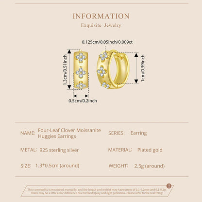 Four-Leaf Clover Moissanite Huggies Earrings 925 Sterling Silver Flower Hypoallergenic Jewelry for Women Lucky Gift