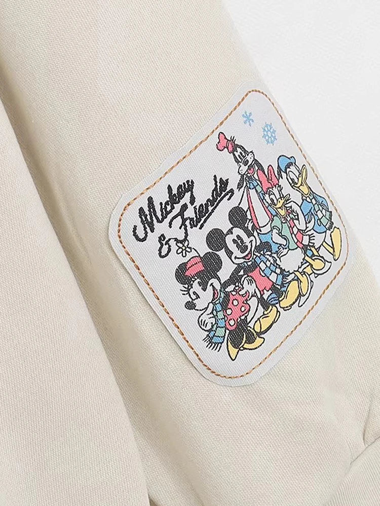 Mickey Mouse Family Patch Letter Cartoon Print Fleece Sweatshirt Jacket Unisex Women Hooded Zip Up Jumper Tops