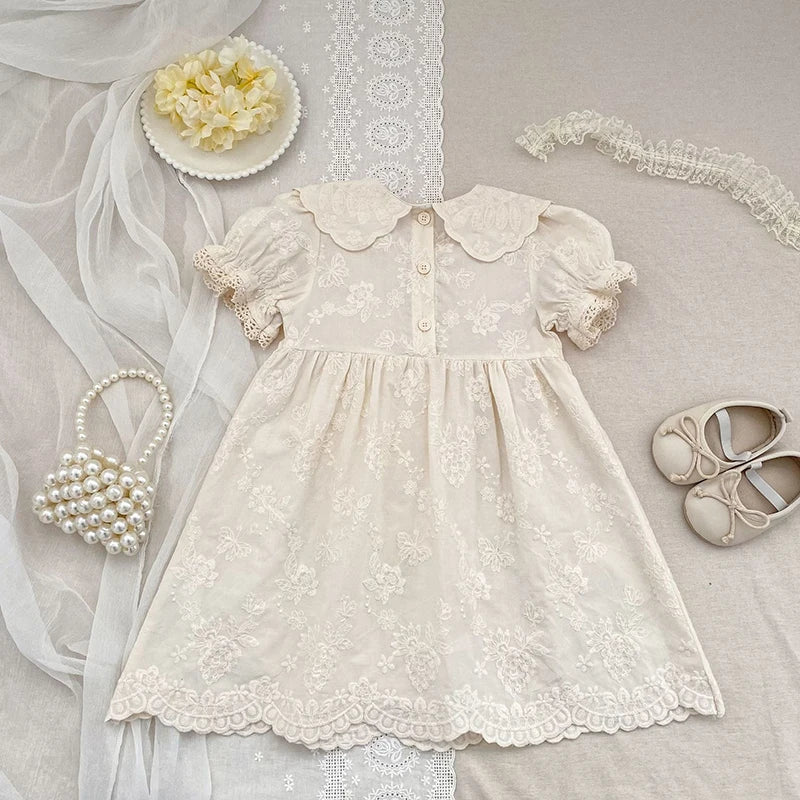 2026 Summer New Pure Cotton Embroidered Floral Short Sleeved Girl's Dress 2-6Yrs Versatile Adorable Korean Style Dress