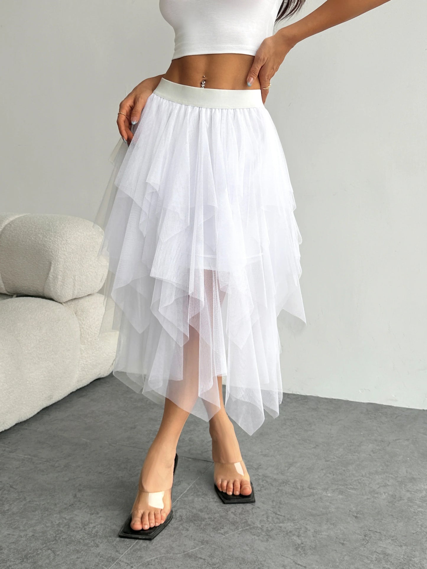 Ladies' high waisted elastic waist layered chiffon midi skirt with irregular asymmetric hem party casual mesh fairy ballet skirt