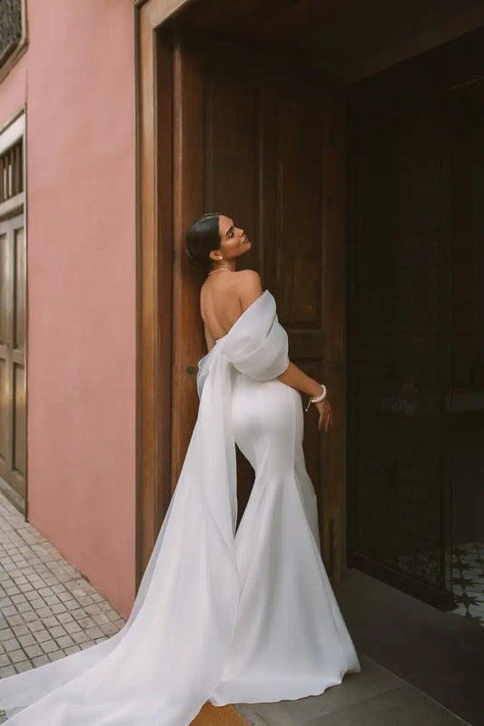Summer Wedding Party Dresses Off The Shoulder Pleats Bridal Dress Mermaid Satin Women Bride Gowns Customized