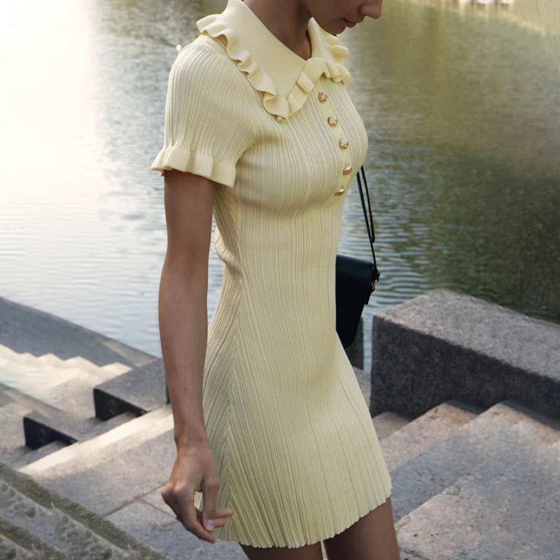 Ruffled Knitted Mini Dresses For Women High Waist Summer 2025 New Short Sleeve Dress Bodycon Female Retro Elegant Dress