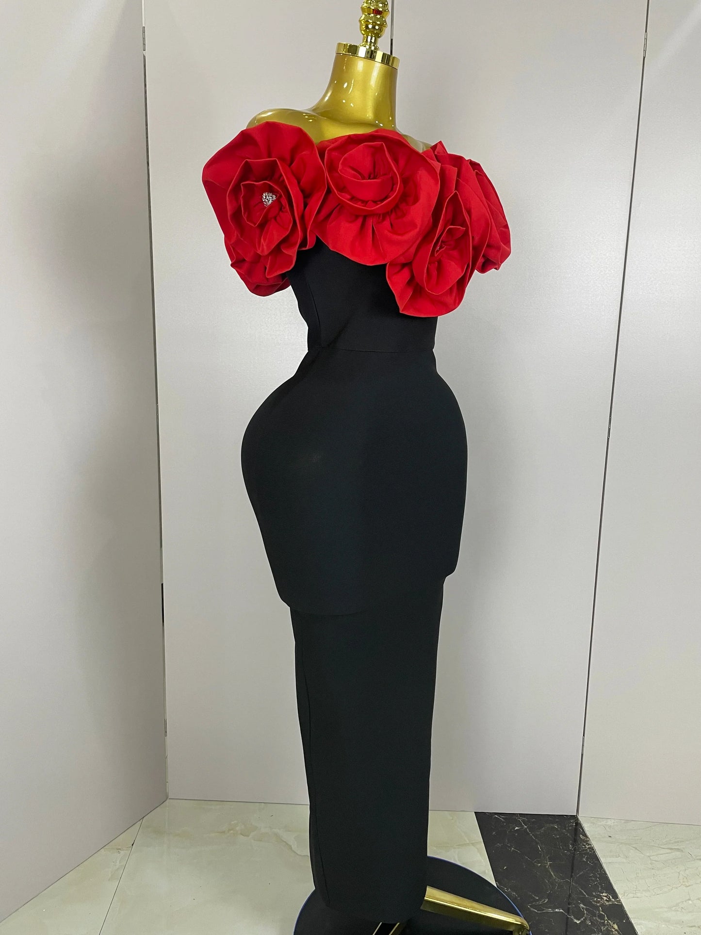 Red Flowers Sexy Off The Shoulder Ankle Lenght Bandage Dress Woman Birthday Party Vestido Wedding Party Outfit