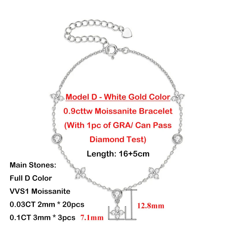 4-Leaf Clover GRA Certified 0.9cttw D Color Moissanite Diamond Bracelet for Woman 925 Silver Link Bracelets Fine Jewelry