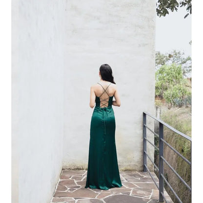 New Summer Prom Dress Women'S Sling Sleeveless Solid Color Dress One Word Neck Slim Fit Open Back Slit Red Sexy Dress