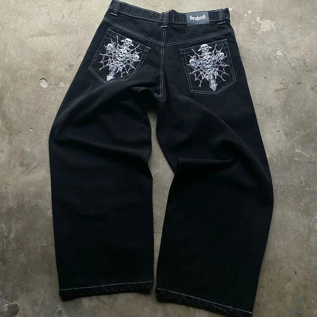 High Street Cool Personality American Style Denim Trousers Niche Fashion Baggy Washed Distressed Wide-leg Straight Jeans