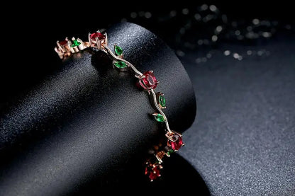 Rose Gold Color Leaf Chain & Link Bracelet with Red + Green AAA Zircon for Mother Gifts Jewelry JIB072