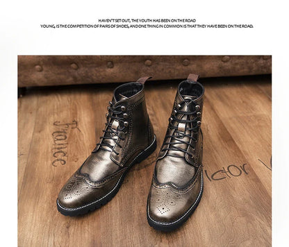 Men Lace-up High Top Brogue Carved Business Boots