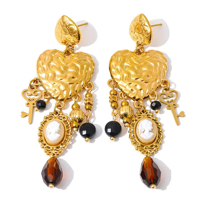Vintage Stainless Steel Heart Cross Key Charm Pendant Drop Earrings Golden Plated Crystal Resin Stone Waterproof Jewelry