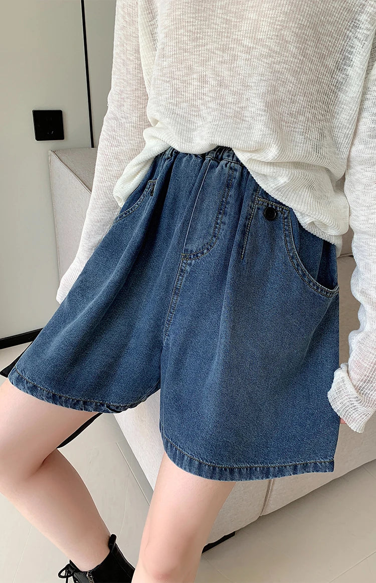 New 2024 Summer Plus Size Denim Shorts For Women High Elastic Wasit Wide Leg Loose Blue Jean Short Women Streetwear Half Jeans