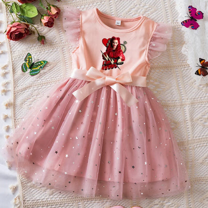 Girls Sequin Tutu Dress with Bow Flutter Sleeves Summer Princess Party Outfit for Toddler Kids 2-6 Years