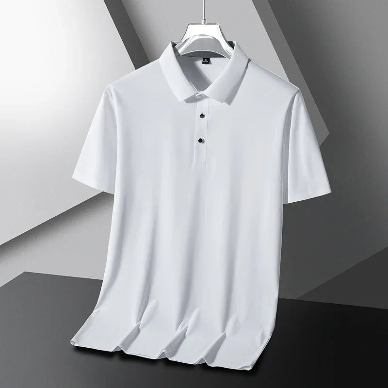Summer Ice Silk Polo Shirt High-End T-Shirt Solid Color New Half Sleeve Non-Marking Casual Lapels Business Thin Menswear 2025