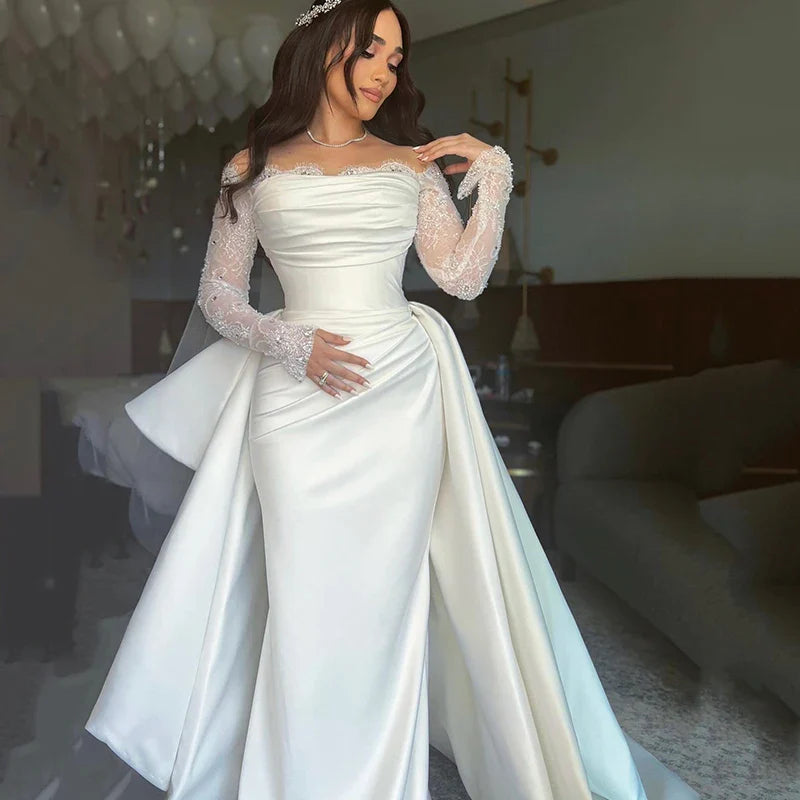 White Mermaid Wedding Dresses Formal Off The Shoulder Long Sleeve Bridal Dress Boho Beach Wedding Prom Gowns Customized