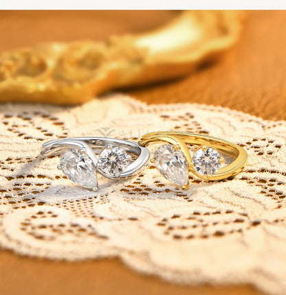 Toi Et Moi Moissanite Rings 925 Sterling Silver Pear&Round Cut Two Stone Bypass Ring forWomen Engagement Bridal Jewelry