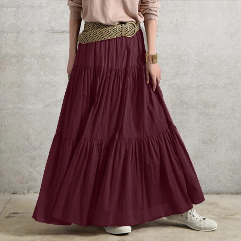 2025 Spring Summer Solid Skirts Vintage Women's Ruffle Sundress Casual Elastic Waist Long Vestidos Female Robe Femme Oversized