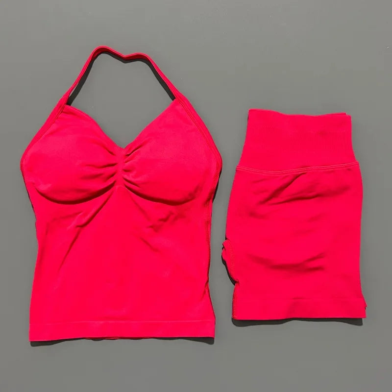 2 Piece Sports Set Women Seamless Yoga Tank With Removable Pads Top Scrunch Butt Workout Leggings Suit Gym Sports Sets