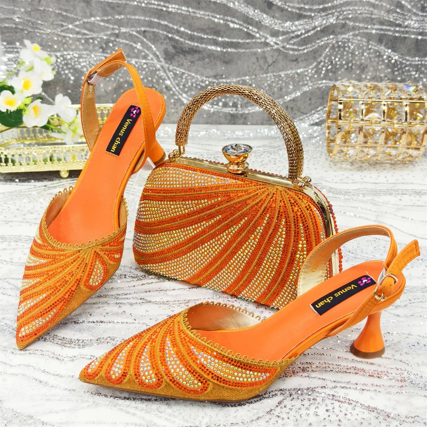 New Green Colour Pointed-Toe Diamond-Studded Party Women's High Heels Gorgeous Parties Shoes and Bag to Match