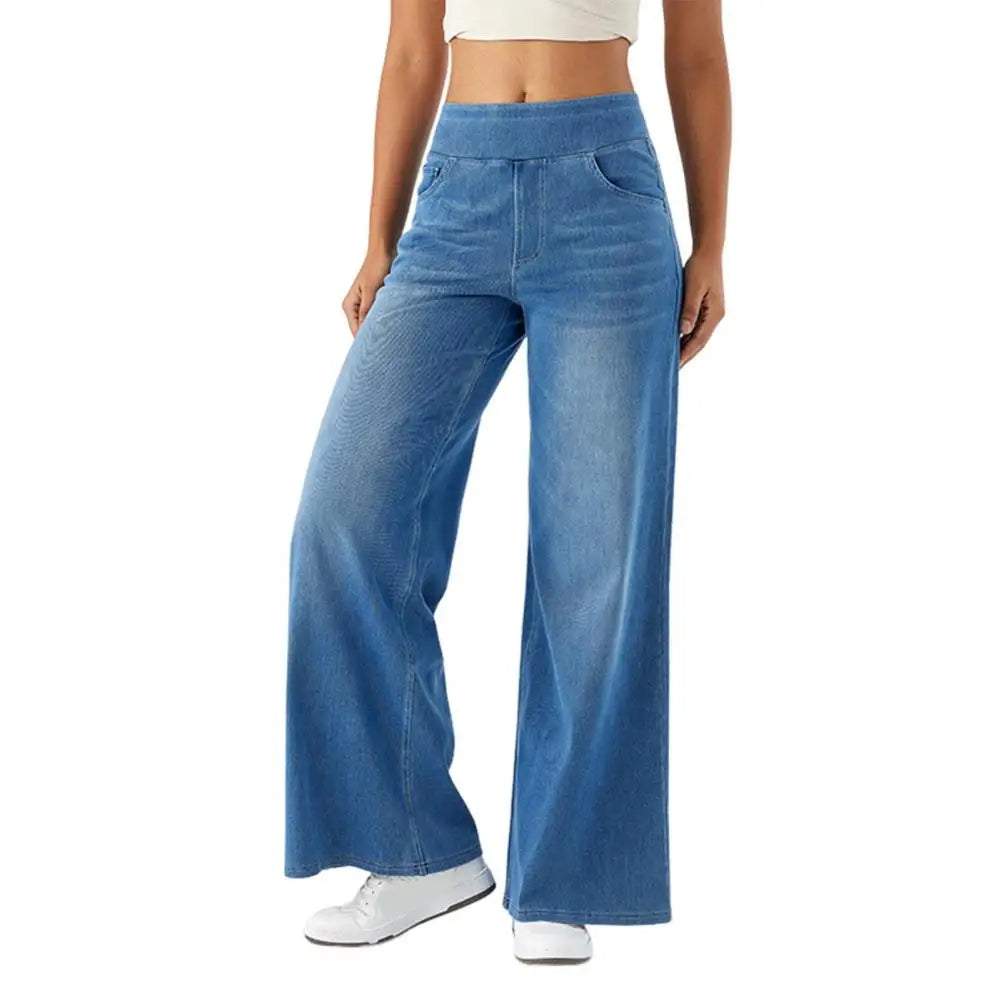Wide Leg Jeans Solid Color Elastic High Waist Lady Pants