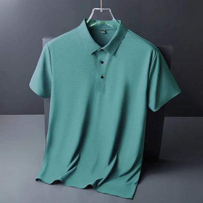 High quality wrinkle resistant ice silk short sleeve t-shirt men's summer Lapel loose casual solid color top high-end polo men